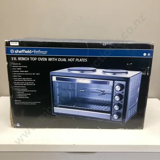 New Sheffield 33L Bench Top Oven With Dual Hot Plates, Boxed